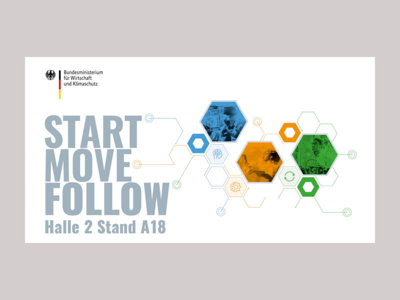 Ein Logo-ähnliches Bild benennt den Standort des BMWK-Stands auf der Hannover Messe: Halle 2 Stand A18